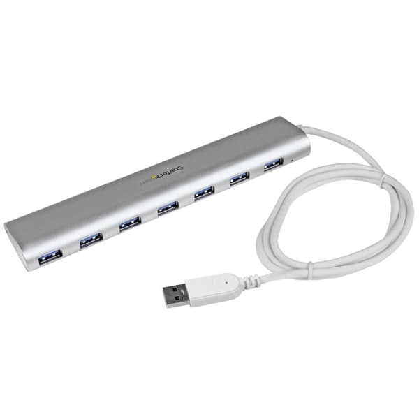 7-portars kompakt aluminium USB 3.0-nav med integrerad kabel - Silver