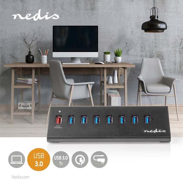 Nedis USB Hub | 8 hamn(ar) | QC3.0 / USB 3.2 Gen1 | Strömförsörjning / USB-driven | 5 Gbps | 8x USB