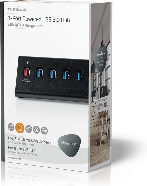 Nedis USB Hub | 8 hamn(ar) | QC3.0 / USB 3.2 Gen1 | Strömförsörjning / USB-driven | 5 Gbps | 8x USB