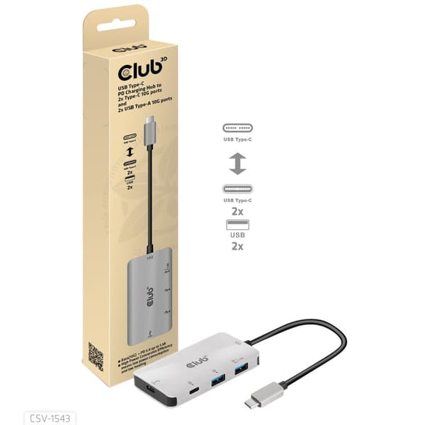 Club 3D USB Type-C PD Charging Hub till 2X Type-C 10G-portar och 2X USB Type-A 10G-portar
