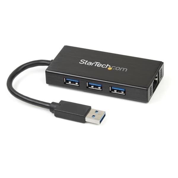 StarTech.com 3-ports bærbar USB3.0-hub med Gigabit Ethernet-adapter NIC - Hub - 3 x SuperSpeed USB3.0 + 1 x 10/100/1000 - Desktop (ST3300GU3B) Sort