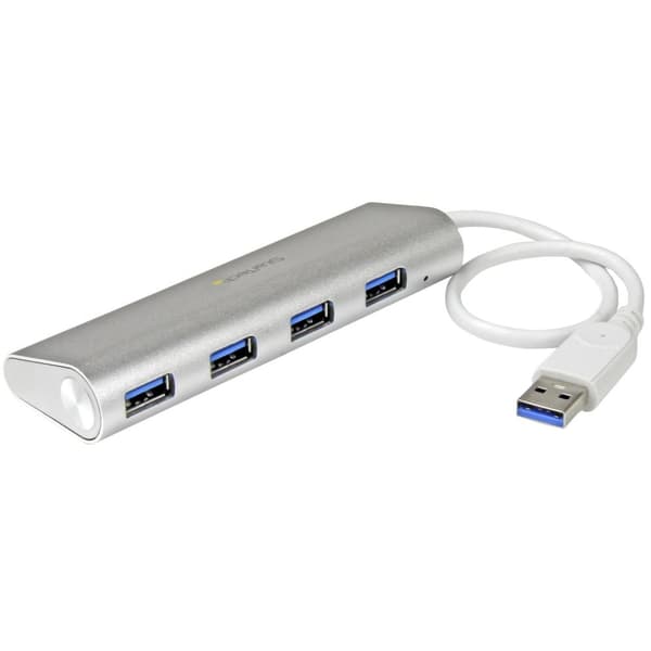 4-ports bærbar kompakt USB 3.0-hub med integreret kabel - aluminium