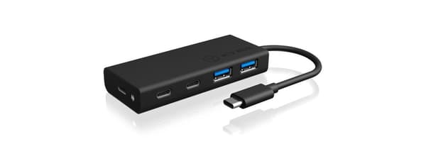 Icy Box USB Hub med USB-C-stik og strømforsyning, USB 3.0, integreret kabel, aluminium, PD 60 Watt, sort
