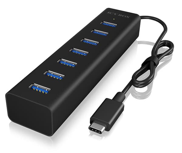 ICY BOX IB-Hub1700-C3 7-vägs USB Type-C-hub med 7x USB 3.0 (Typ-A)-portar och strömförsörjning, integrerad kabel, aluminium, svart
