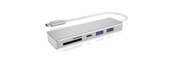 ICY BOX 60369 3-vejs USB-C hub og kortlæser til SD og microSD, 3x USB 3.0, USB 3 tilslutning, aluminium, integreret kabel, sølv/hvid