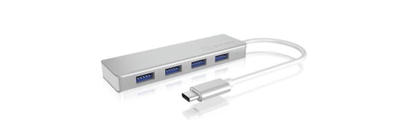 ICY BOX 60437 BOX 4-vägs USB-C-hubb med 4x USB 3.0, USB 3-anslutning, aluminium, integrerad kabel, silver/vit