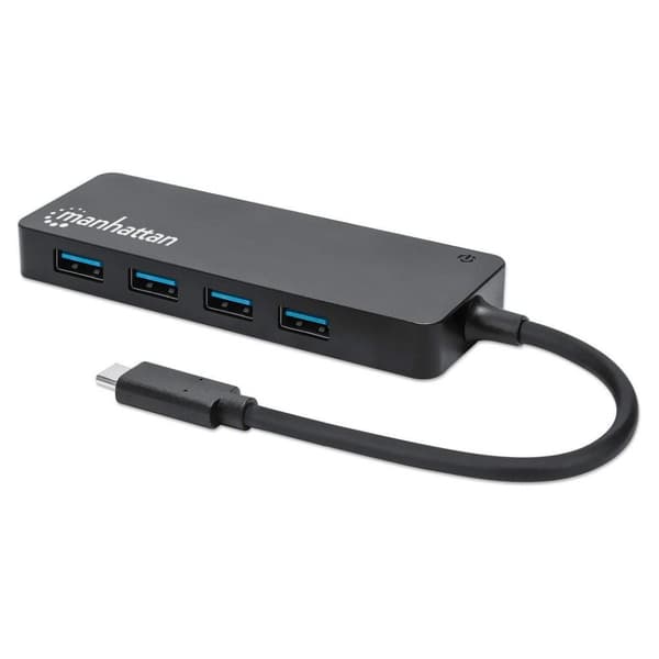 MANHATTAN 4-porttinen USB 3.2 Gen 1 Hub USB-C uros - 4 x USB-A naaras, 5 Gbps tiedonsiirtonopeus, USB-virtalähde, musta (164924)