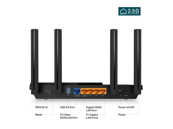 TP-Link Archer AX55 Pro, Wi-Fi 6 (802.11ax), Dobbelbånd (2.4 GHz / 5 GHz), Ethernet/bredbåndsforbindelse, Sort, Skrivebord/stolperuter