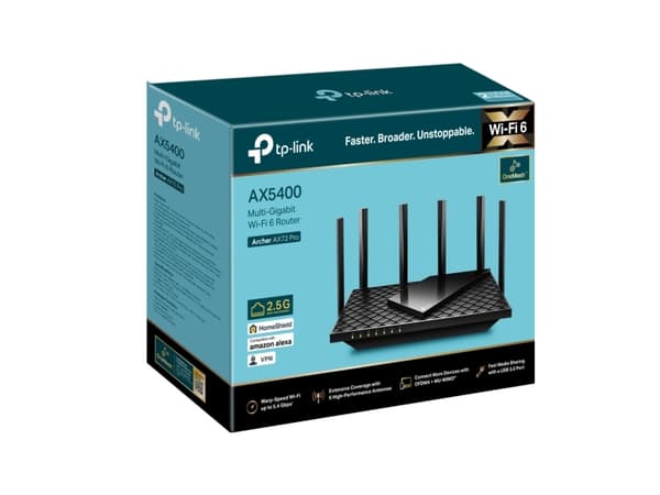 TP-Link Archer AX72 Pro, Wi-Fi 6 (802.11ax), Dobbelbånd (2.4 GHz / 5 GHz), Ethernet/bredbåndsforbindelse, Sort, Skrivebord/stolperuter