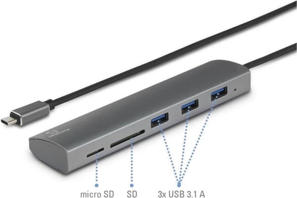 Renkforce 3 + 2 portar USB 3.2 Gen 1 hubb Inbyggd SD-kortläsare, aluminiumhölje Silver