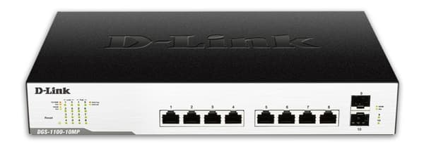D-Link nettverksswitch, 8xRJ45, 2xSFP, PoE plus, Gigabit, black/sølv Sort