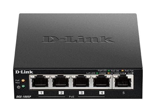 D-Link DGS-1005P pöytämallinen kytkin, 5 porttia, Gigabit, PoE+, musta musta
