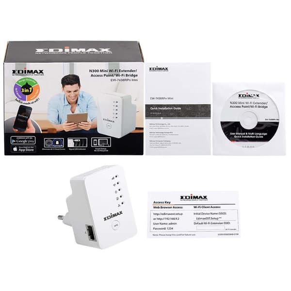 Edimax N300 Mini Wi-Fi Extender/Adgangspunkt/Wi-Fi Bridge Hvid