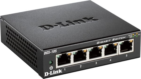 D-Link Gigabit Ethernet Switch, 5x10/100/1000Mbps, metalkabinet, sort Sort
