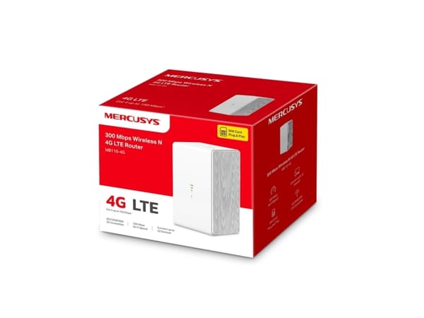 Mercusys MB110-4G, Wi-Fi 4 (802.11n), Enkeltbånd (2.4 GHz), Ethernet/bredbåndsforbindelse, 4G, Hvit, Skrivebord/stolperuter