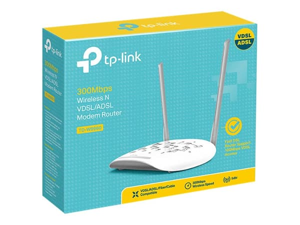 TP-Link TD-W9960, Wi-Fi 4 (802.11n), Yksi kaista (2,4 GHz), Ethernet LAN, VDSL2, Valkoinen, Pöytäreititin