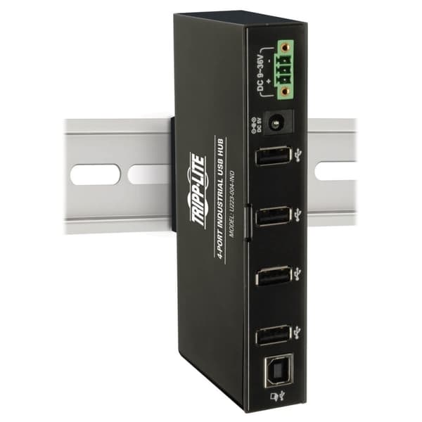 Tripp Lite 4-porttinen kestävä teollisuus-USB 2.0 Hi-Speed -keskitin, jossa 15KV ESD Immunity Metal Asennus - Keskitin - 4 x USB 2.0 - DIN-kiskoon kii