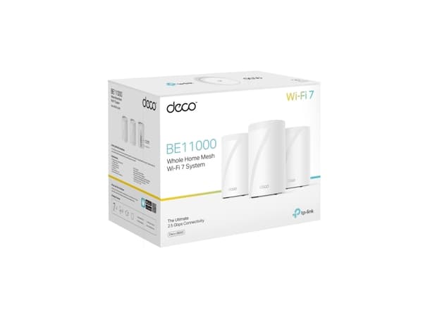 TP-Link Deco BE65, Hvit, Innvendig lys, Mesh system, Tre-båndsfrekvens (2,4 GHz / 5 GHz / 6 GHz), Wi-Fi 7 (802.11be), 9214 Mbit/s