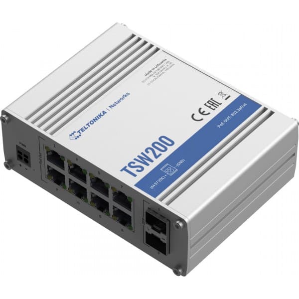 Teltonika TSW200 är en 8-portars PoE-switch Gjuten aluminium