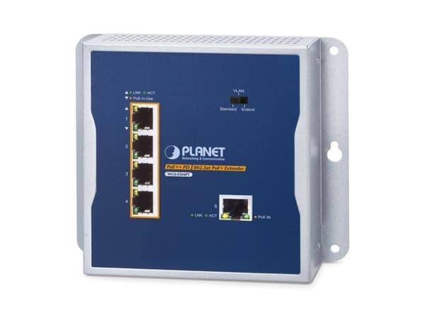 PLANET WGS-E304PT Industrial PoE+ Wall-mounted Extender 1-Port PoE++ to 4-Port, Sender og mottaker, 2000 oppføringer, IP30, Blå, Metall, Vegg Blå