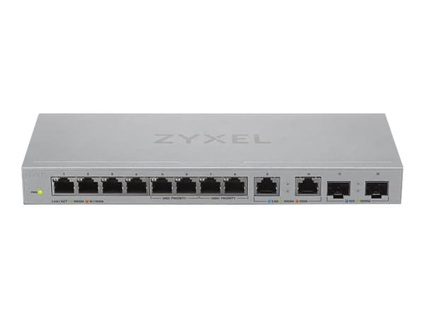 Zyxel XGS1010-12 - V2 - switch - Administrerad - 8 x 10/100/1000 + 2 x 100/1000/2.5G + 2 x 1 gigabit/10 gigabit SFP+ (upplänk) - skrivbordsmodell, vä Grå