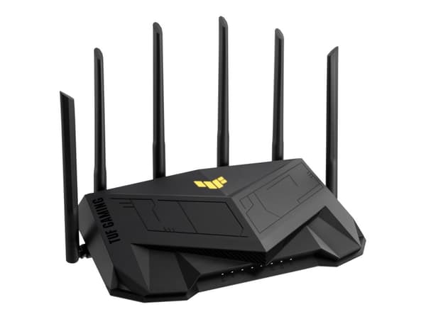 Asus TUF Gaming AX6000 trådløs ruter på skrivebordet
