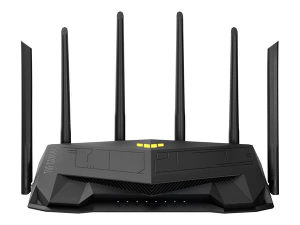 Asus TUF Gaming AX6000 trådløs ruter på skrivebordet