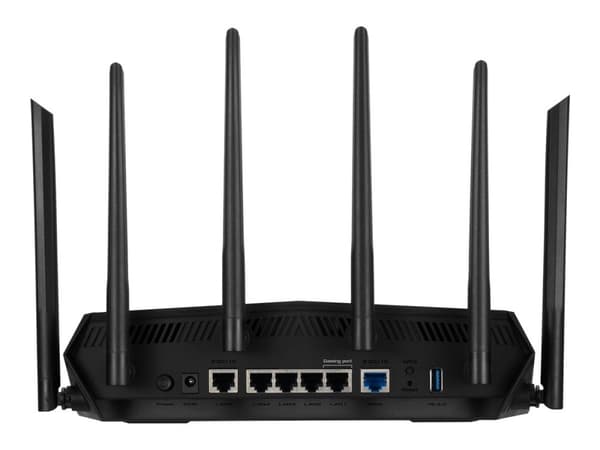 Asus TUF Gaming AX6000 trådløs ruter på skrivebordet