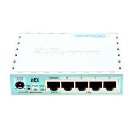 Mikrotik trådbunden Ethernet-router (ingen wifi) RB750Gr3, hEX, Dual Core 880MHz CPU, 256 MB RAM, 16 MB (MicroSD), 5xGigabit LAN, USB, PC Turkos, Vit