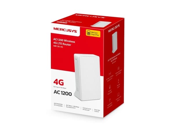 Mercusys MB130-4G, Wi-Fi 5 (802.11ac), Dobbelbånd (2.4 GHz / 5 GHz), Ethernet/bredbåndsforbindelse, 4G, Hvit, Frittstående router