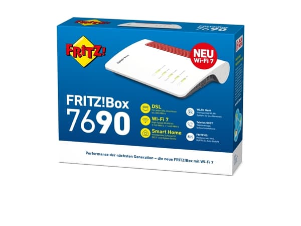 FRITZ!Box 7690, Wi-Fi 7 (802.11be), Dobbelbånd (2.4 GHz / 5 GHz), Ethernet/bredbåndsforbindelse, VDSL, Hvit, Frittstående router