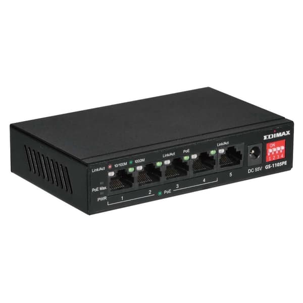 Edimax Long Range 5-Port Gigabit PoE+ Switch med 4 PoE+ porte og DIP-switch
