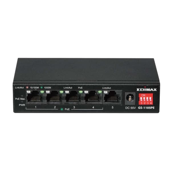 Edimax Lang rekkevidde 5-port Gigabit PoE+-bryter med 4 PoE+-porter og DIP-bryter