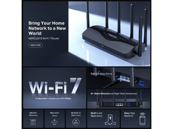 Mercusys MR47BE, Wi-Fi 7 (802.11be), Tre-båndsfrekvens (2,4 GHz / 5 GHz / 6 GHz), Ethernet/bredbåndsforbindelse, Sort, Frittstående router
