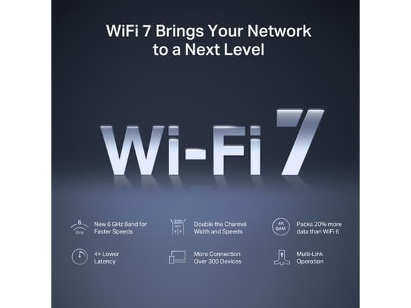 Mercusys MR47BE, Wi-Fi 7 (802.11be), Tre-båndsfrekvens (2,4 GHz / 5 GHz / 6 GHz), Ethernet/bredbåndsforbindelse, Sort, Frittstående router