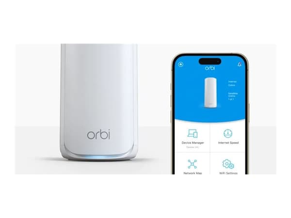 NETGEAR Orbi 770 Series RBE773 - Wi-Fi-system - (ruter, 2 utvidere) - inntil 6750 kvadratfot - maske 1GbE, Wi-Fi 7 Multibånd
