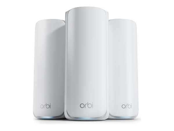 NETGEAR Orbi 770 Series RBE773 - Wi-Fi-system - (ruter, 2 utvidere) - inntil 6750 kvadratfot - maske 1GbE, Wi-Fi 7 Multibånd Hvit