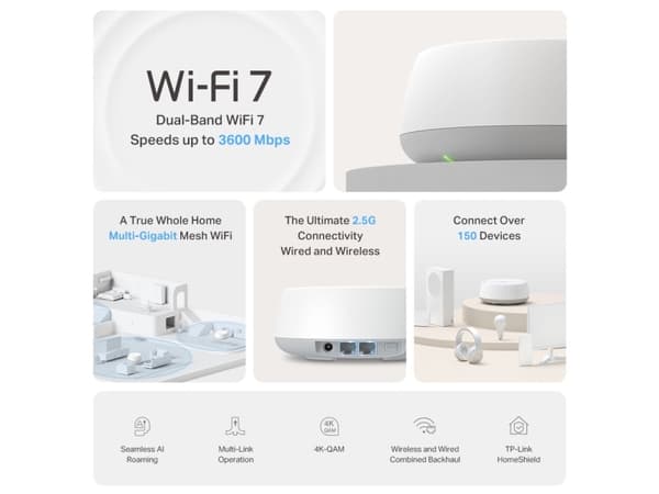 TP-Link DECO BE25(2-PACK), Hvit, Innvendig lys, Mesh system, Dobbelbånd (2.4 GHz / 5 GHz), Wi-Fi 7 (802.11be), 2882 Mbit/s