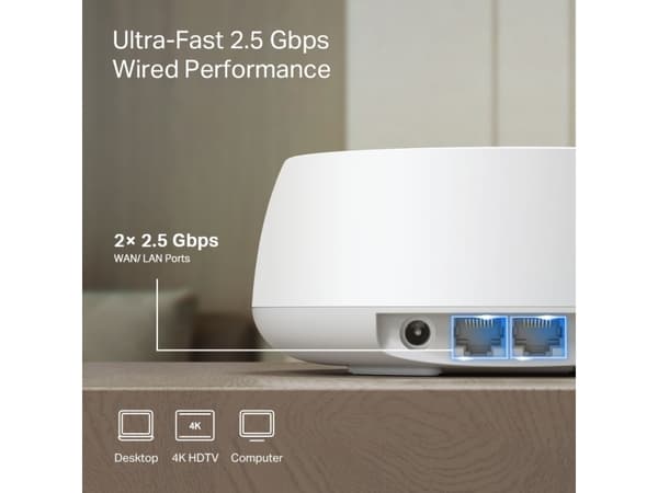 TP-Link DECO BE25(2-PACK), Hvit, Innvendig lys, Mesh system, Dobbelbånd (2.4 GHz / 5 GHz), Wi-Fi 7 (802.11be), 2882 Mbit/s