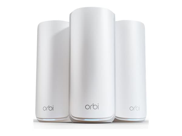 NETGEAR Orbi 870 Series RBE873 - Wi-Fi-system - (ruter, 2 utvidere) - inntil 9000 kvadratfot - maske 10GbE, 2.5GbE, Wi-Fi 7 Multibånd Hvit