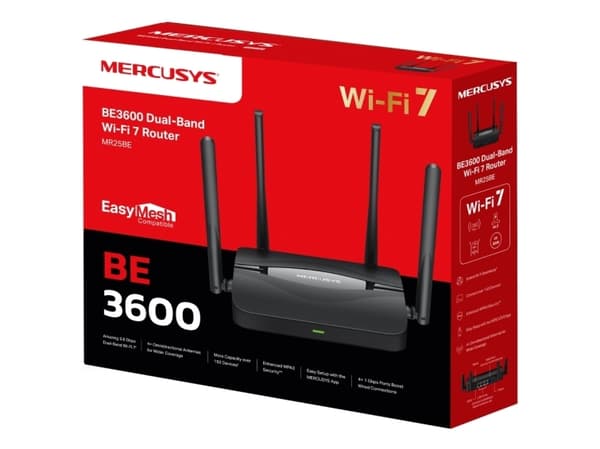 Mercusys MR25BE, Wi-Fi 7 (802.11be), Dobbelbånd (2.4 GHz / 5 GHz), Ethernet/bredbåndsforbindelse, Sort, Frittstående router