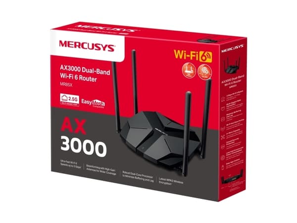 Mercusys AX3000, Wi-Fi 6 (802.11ax), Dual-band (2,4 GHz / 5 GHz), Nätverksansluten (Ethernet), Svart, Bordsrouter