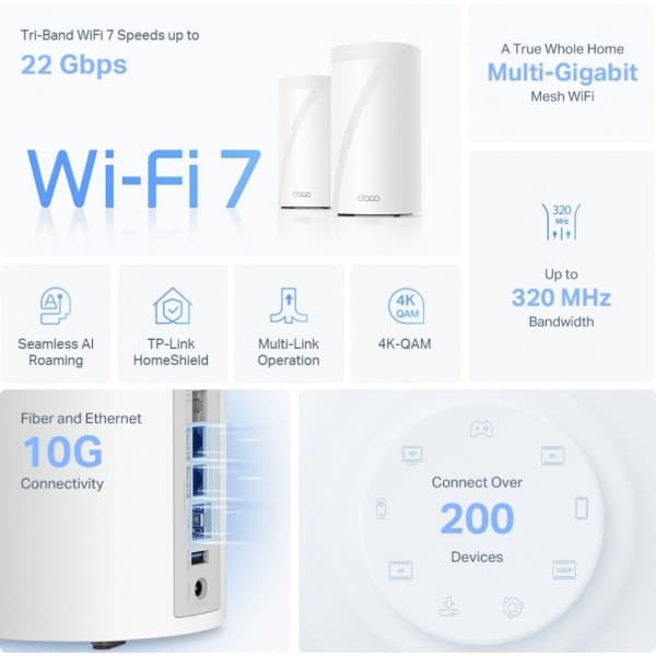 TP-LINK Deco BE85 Tri-Band WiFi 7 -Mesh-järjestelmä, 2-pack