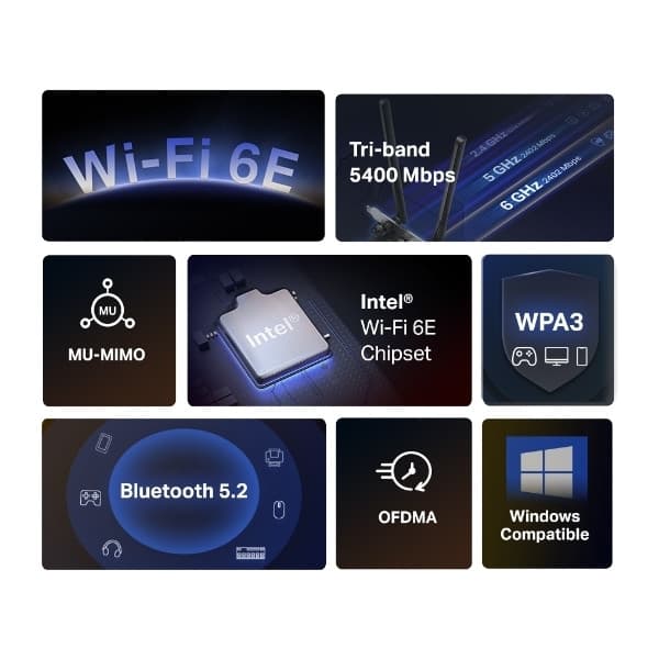 Mercusys AXE5400 Tri-band WiFi 6E PCI-E -adapteri ja Bluetooth 5.2 -sovitin