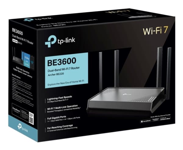 TP-LINK "BE3600 Dual-Band Wi-Fi 7 RouterSPEED: 688 Mbps at 2.4 GHz + 2882 Mbps at 5 GHz SPEC: 4× external Antennas, 2.