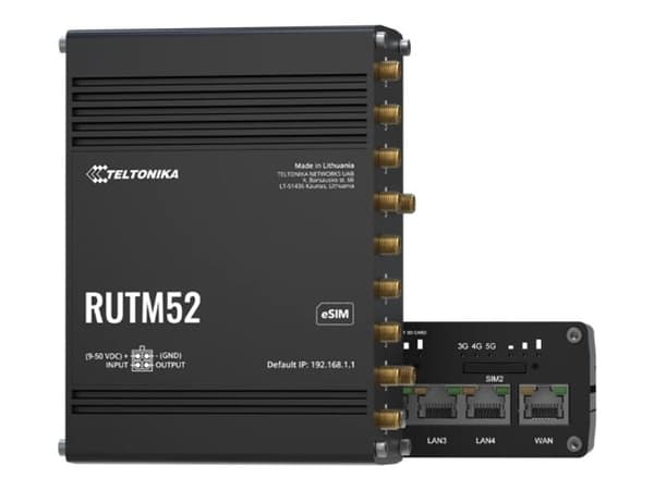 Teltonika RUTM52, Wi-Fi 5 (802.11ac), Dobbelbånd (2.4 GHz / 5 GHz), Ethernet/bredbåndsforbindelse, 5G, Sort, Industriell ruter Sort