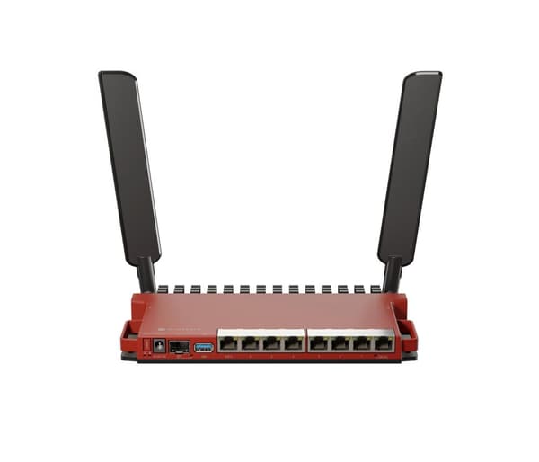 MikroTik L009UiGS-2HaxD, jossa 800 MHz:n suoritin, 512 Mt RAM-muistia, 8 Gb:n lähiverkko, 1 x SFP 2,5 Gb:n portti, Wi-Fi 2,4 GHz:n kaksoisketjuinen 80 Punainen