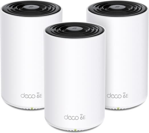 TP-Link Deco XE75 Pro (3-pack), Vit, Intern, Mesh-system, 670 m², FCC: <30 dBm (2.4 GHz), <30 dBm (5 GHz), <30 dBm (6 GHz), CE: <20 dBm (2.4 GHz), <2