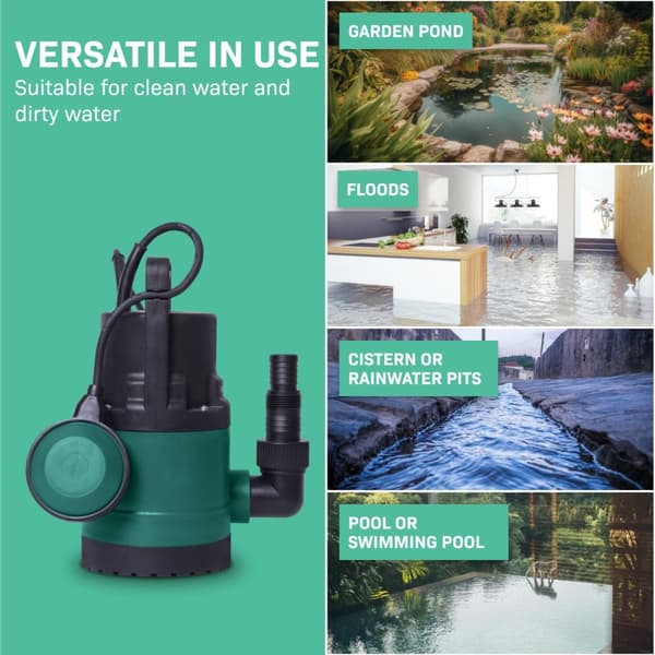 VONROC Dränkbar Pump 300W för Rent och Smutsigt Vatten – 6500L/H, Max Djup 7m, Flottör, 5mm Smutspartiklar