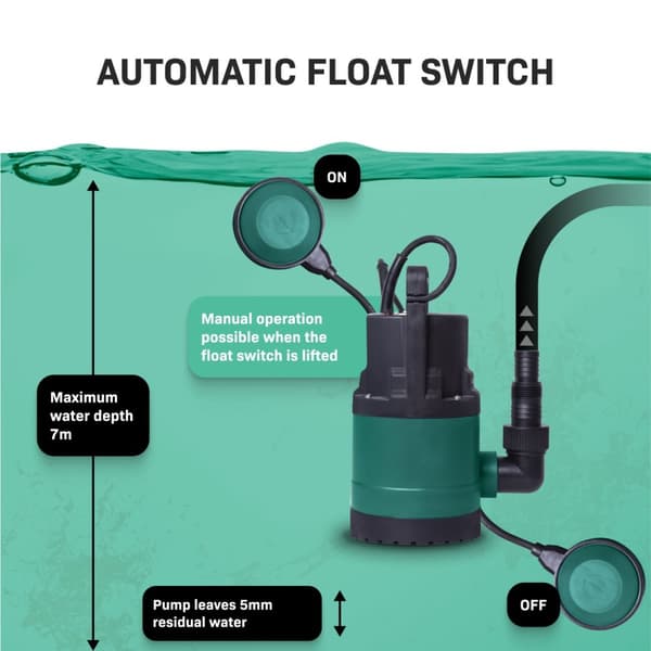 VONROC Dränkbar Pump 300W för Rent och Smutsigt Vatten – 6500L/H, Max Djup 7m, Flottör, 5mm Smutspartiklar
